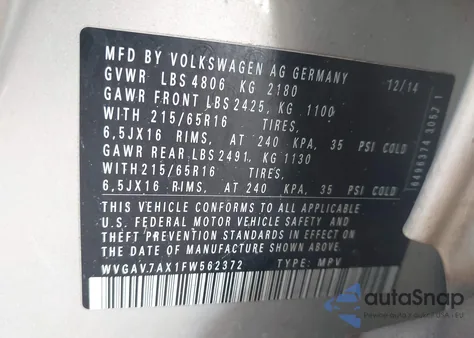 2015 Volkswagen Tiguan S из США, поврежденный, VIN WVGAV7AX1FW562372